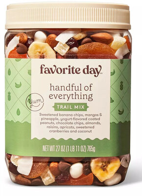 Handful Of Everything Sweetened Banana Chips, Mangos & Pineapple, Yogurt-Flavored Coated Peanuts, Chocolate Chips, Almonds, Raisins, Apricots, Sweetened Cranberries And Coconut Trail Mix, Handful Of Everything