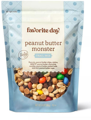 Peanut Butter Monster Peanuts, Peanut Butter Chips, Raisins, M&M's Peanut Butter Chocolate Candies, Peanut Butter Pretzel Balls And Mini Peanut Butter Cups Trail Mix, Peanut Butter Monster