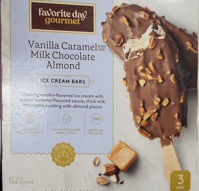 Vanilla Caramel Milk Chocolate Almond Creamy Vanilla-Flavored Ice Cream Bars With Salted Caramel-Flavored Sauce, Thick Milk Chocolate Coating With Almond Pieces, Vanilla Caramel Milk Chocolate Almond