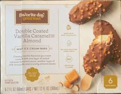 Double Coated Vanilla Caramel Almond Creamy Vanilla-Flavored Mini Ice Cream Bars Coated With One Layer Of Salted Caramel-Flavored Sauce, Another Layer Of Milk Chocolate And Crunchy Almond Pieces, Double Coated Vanilla Caramel Almond