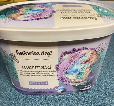 Mermaid Vanilla Ice Cream With Sour Blue And Red Raspberry Swirls And Candy Flakes, Mermaid
