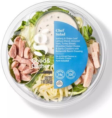 Chef Iceberg & Green Leaf Lettuce Blend, Uncured Ham, Turkey Breast, Shredded Swiss Cheese & Garlic Croutons With Buttermilk Ranch Dressing Salad, Chef