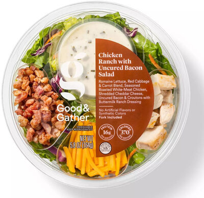 Chicken Ranch With Uncured Bacon, Romaine Lettuce, Grilled White-Meat Chicken, Carrot, Shredded Cheddar Cheese, Uncured Bacon, Croutons & Red Cabbage With Buttermilk Ranch Dressing Salad, Chicken Ranch With Uncured Bacon