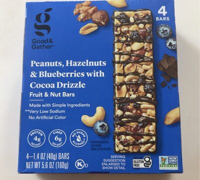 Peanuts, Hazelnuts & Blueberries With Cocoa Drizzle Fruit & Nut Bars, Peanuts, Hazelnuts & Blueberries With Cocoa Drizzle