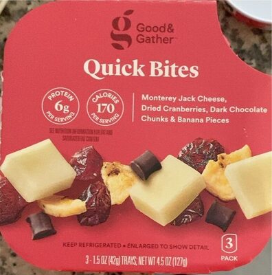 Monterey Jack Cheese, Dried Cranberries, Dark Chocolate Chunks & Banana Pieces Quick Bites, Monterey Jack Cheese, Dried Cranberries, Dark Chocolate Chunks & Banana Pieces