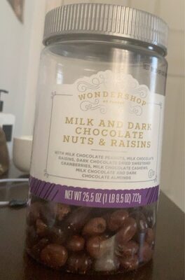 Milk And Dark Chocolate With Milk Chocolate Peanuts, Milk Chocolate Raisins, Dark Chocolate Dried Sweetened Cranberries, Milk Chocolate Cashews, Milk Chocolate And Dark Chocolate Almonds Nuts & Raisins, Milk And Dark Chocolate