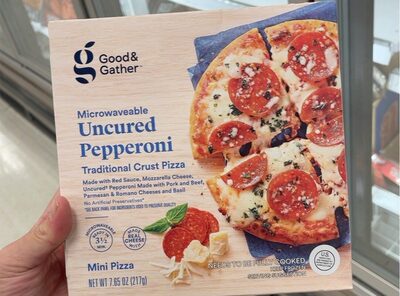 Uncured Pepperoni Microwaveable Traditional Crust Mini Pizza With Red Sauce, Mozzarella Cheese, Uncured Pepperoni With Pork And Beef, Parmesan & Romano Cheeses And Basil, Uncured Pepperoni