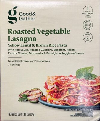 Roasted Vegetable Lasagna Yellow Lentil & Brown Rice Pasta With Red Sauce, Roasted Zucchini, Eggplant, Italian Ricotta Cheese, Mozzarella & Parmigiano Reggiano Cheese, Roasted Vegetable