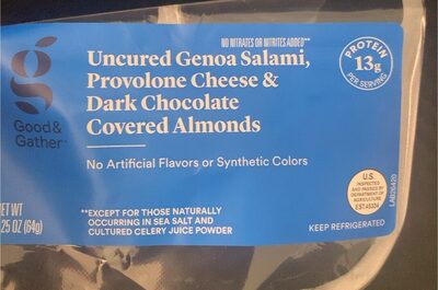 Uncured Genoa Salami, Provolone Cheese & Dark Chocolate Covered Almonds, Uncured Genoa Salami, Provolone Cheese & Dark Chocolate