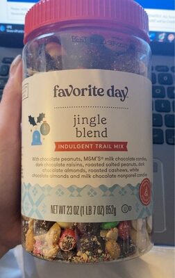 Jingle Blend Indulgent Trail Mix With Chocolate Peanuts, M&M's Milk Chocolate Candies, Dark Chocolate Raisins, Roasted Salted Peanuts, Dark Chocolate Almonds, Roasted Cashews, White Chocolate Almonds And Milk Chocolate Nonpareil Candies, Jingle Blend