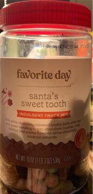 Santa's Sweet Tooth Indulgent Snack Mix With White Chocolaty-Covered Cookie Balls With Red And Green Sanding Sugar, Chocolate Cookies And Cookies And Creme-Flavored White Chocolaty-Covered Almonds, Santa's Sweet Tooth