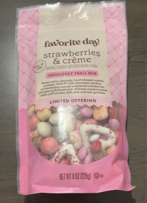 Strawberries & Creme Sweet Creme Almonds, Heart-Shaped Coated Pretzels, M&M's Milk Chocolate Candies, Confectionery Coated Sweetened Cranberries, Strawberry-Flavored Pink Shimmer Coated Pretzel Balls And Cookies With Pink And Red Sprinkles Indulgent Trail