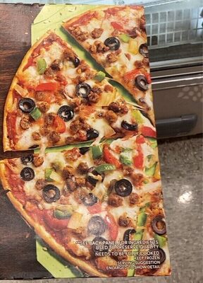 Plant Based Sausage Supreme Ultra-Thin Crust Pizza With Plant-Based Italian-Style Sausage Crumbles, Black Olives, Green & Red Bell Peppers, Onions And Topped With Mozzarella Cheese, Plant Based Sausage
