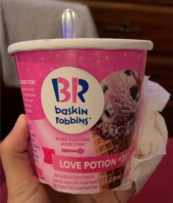 Love Potion #31 White Chocolate And Raspberry Flavored Ice Creams With A Raspberry Swirl, Chocolate Flavored Chips, And Raspberry Filled Chocolate Flavored Hearts, Love Potion #31