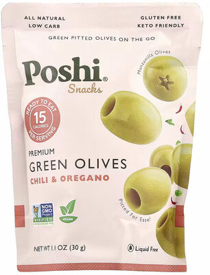 Chili & Oregano Natural Green Pitted Olives, Chili & Oregano