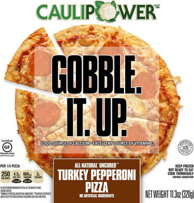 Uncured Turkey Pepperoni Melty Mozzarella, Crispy Uncured Turkey Pepperoni & Zesty Tomato Sauce On Our Stone-Fired Cauliflower Crust Pizza, Uncured Turkey Pepperoni