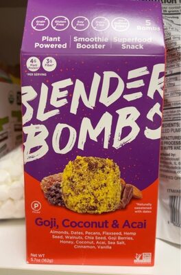 Goji, Coconut & Acai Almonds, Dates, Pecans, Flaxseed, Hemp Seed, Walnuts, Chia Seed, Goji Berries, Heoney, Coconut, Acai, Sea Salt, Cinnamon, Vanilla Superfood Snack Bombs, Goji, Coconut & Acai
