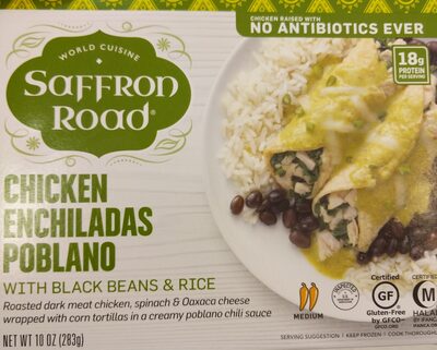 Chicken Enchiladas Poblano With Black Beans & Rice Roasted Dark Meat Chicken, Spinach & Oaxaca Cheese Wrapped With Corn Tortillas In A Creamy Poblano Chili Sauce, Chicken Enchiladas Poblano