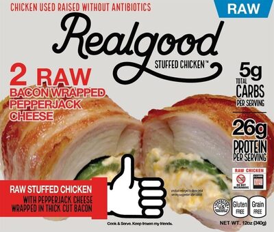 Raw Bacon Wrapped Pepperjack Cheese Stuffed Chicken, Pepper; Parmesan; Mozzarella Cheese