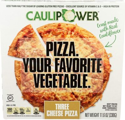Three Cheese Melty Mozzarella, Parmesan, White Cheddar & Zesty Tomato Sauce On Our Stone-Fired Cauliflower Crust Pizza, Three Cheese