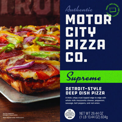 Supreme Topped Edge To Edge With 100% Real Mozzarella Cheese, Pepperoni, Sausage, Bell Peppers, And Red Onion Detroit-Style Deep Dish Pizza, Supreme
