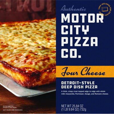 Four Cheese A Thick, Crispy Crust Topped Edge To Edge With 100% Real Mozzarella, Parmesan, Asiago, And Romano Cheese Detroit-Style Deep Dish Pizza, Four Cheese