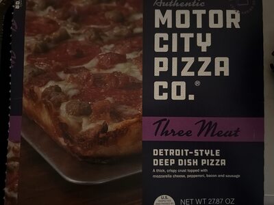 Three Meat A Thick, Crispy Crust Topped Edge To Edge With Mozzarella Cheese, Pepperoni, Bacon And Sausage Detroit-Style Deep Dish Pizza, Three Meat