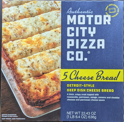 5 Cheese Bread A Thick, Crispy Crust Topped Edge To Edge With Mozzarella, Parmesan, Asiago, Romano And Cheddar Cheeses And Parmesan Cheese Sauce Detroit-Style Deep Dish Cheese Bread, 5 Cheese Bread