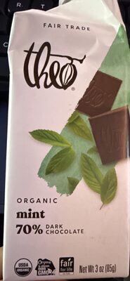 Theo, 70% Dark Chocolate Bar, Mint, Mint