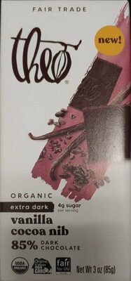 Extra Dark Vanilla Cocoa Nib Organic 85% Dark Chocolate, Extra Dark Vanilla Cocoa Nib