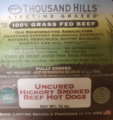 Uncured Hickory Smoked 100% Grass Fed Beef Hot Dogs, Uncured Hickory Smoked