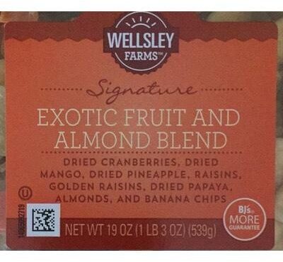 Exotic Fruit & Almond Blend Dried Cranberries, Raisins, Golden Raisins, Dried Mango, Dried Pineapple, Dried Papaya, Banana Chips And Almonds, Exotic Fruit & Almond Blend