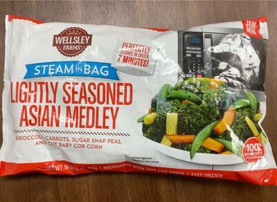 Lightly Seasoned Asian Steam In Bag Broccoli, Carrots, Sugar Snap Peas, And Cut Baby Cob Corn Medley, Lightly Seasoned Asian