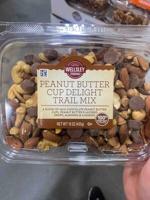 Peanut Butter Cup Delight A Blend Of Milk Chocolate Peanut Butter Cups, Peanut Butter Flavored Drops, Almonds & Cashews Trail Mix, Peanut Butter Cup Delight