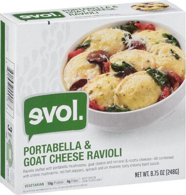Portabella & Goat Cheese Ravioli Raviolis Stuffed With Portabella Mushrooms, Goat Cheese And Romano & Ricotta Cheese - All Combined With Crimini Mushrooms, Red Bell Peppers, Spinach And An Insanely Tasty Creamy Basil Sauce, Portabella & Goat Cheese Raviol