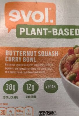Butternut Squash Plant-Based Butternut Squash With Peas, Chickpeas, Red Bell Peppers, And Jalapeno Peppers In A Curry Sauce, On A Bed Of Riced Cauliflower And Lentils Curry Bowl, Butternut Squash