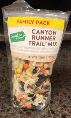 Canyon Runner Raisins, Naturally Flavored Banana Chips, Dried Pineapple, Peanuts, Candy Coated Chocolate, Peanut M&M's Chocolate Candies, Almonds, Coconut Trail Mix, Canyon Runner