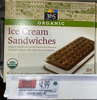 Vanilla Organic Ice Cream Sandwiched Between Two Soft, Organic Chocolate-Flavored Wafers Ice Cream Sandwiches, Vanilla