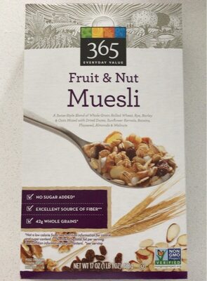 Fruit & Nut Muesli A Swiss-Style Blend Of Whole Grain Rolled Wheat, Rye, Barley & Oats Mixed With Dried Dates, Sunflower Kernels, Raisins, Flaxseed, Almonds & Walnuts, Fruit & Nut Muesli