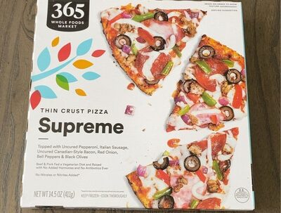Supreme Topped With Uncured Pepperoni, Italian Sausage, Uncured Canadian-Style Bacon, Red Onion, Bell Peppers & Black Olives Thin Crust Pizza, Supreme