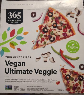 Vegan Ultimate Veggie Topped With Vegan Mozzarella-Style Cheese, Green & Red Bell Peppers, Mushrooms, Black Olives And Red Onions Thin Crust Pizza, Vegan Ultimate Veggie