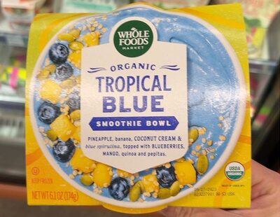Tropical Blue Organic Pineapple, Banana, Coconut Cream & Blue Spirulina, Topped With Blueberries, Mango, Quinoa And Pepitas Smoothie Bowl, Tropical Blue