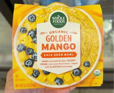 Golden Mango Organic Passionfruit Juice, Coconut Cream, Chia Seeds & Turmeric, Topped With Blueberries And Mango Chia Seed Bowl, Golden Mango